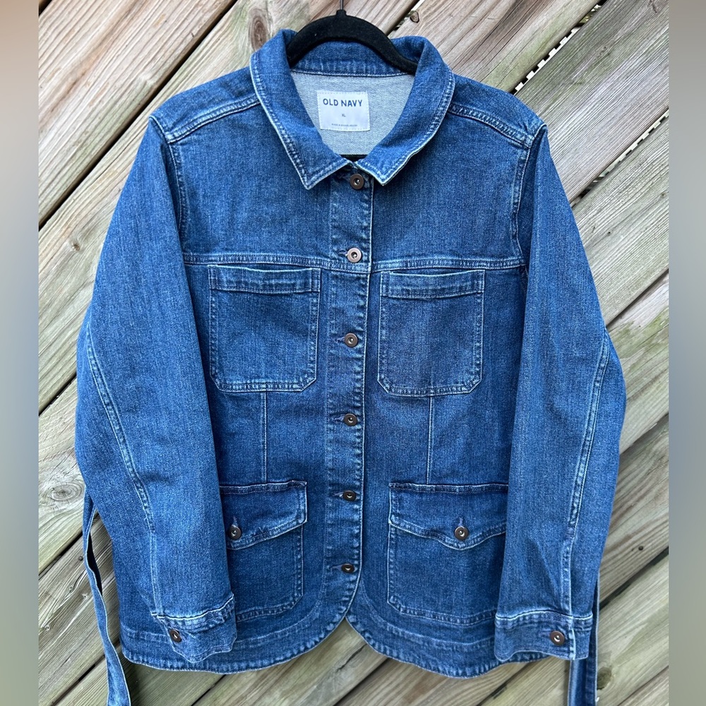 Old Navy Classic Blue Denim Utility Jean Jacket w Tie Belt size XL NWT 4 pockets - Picture 3 of 16